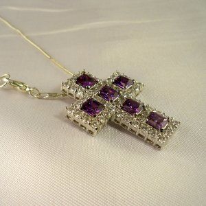 New Purple Princess Cut Silver DESIGNER Cross Necklace